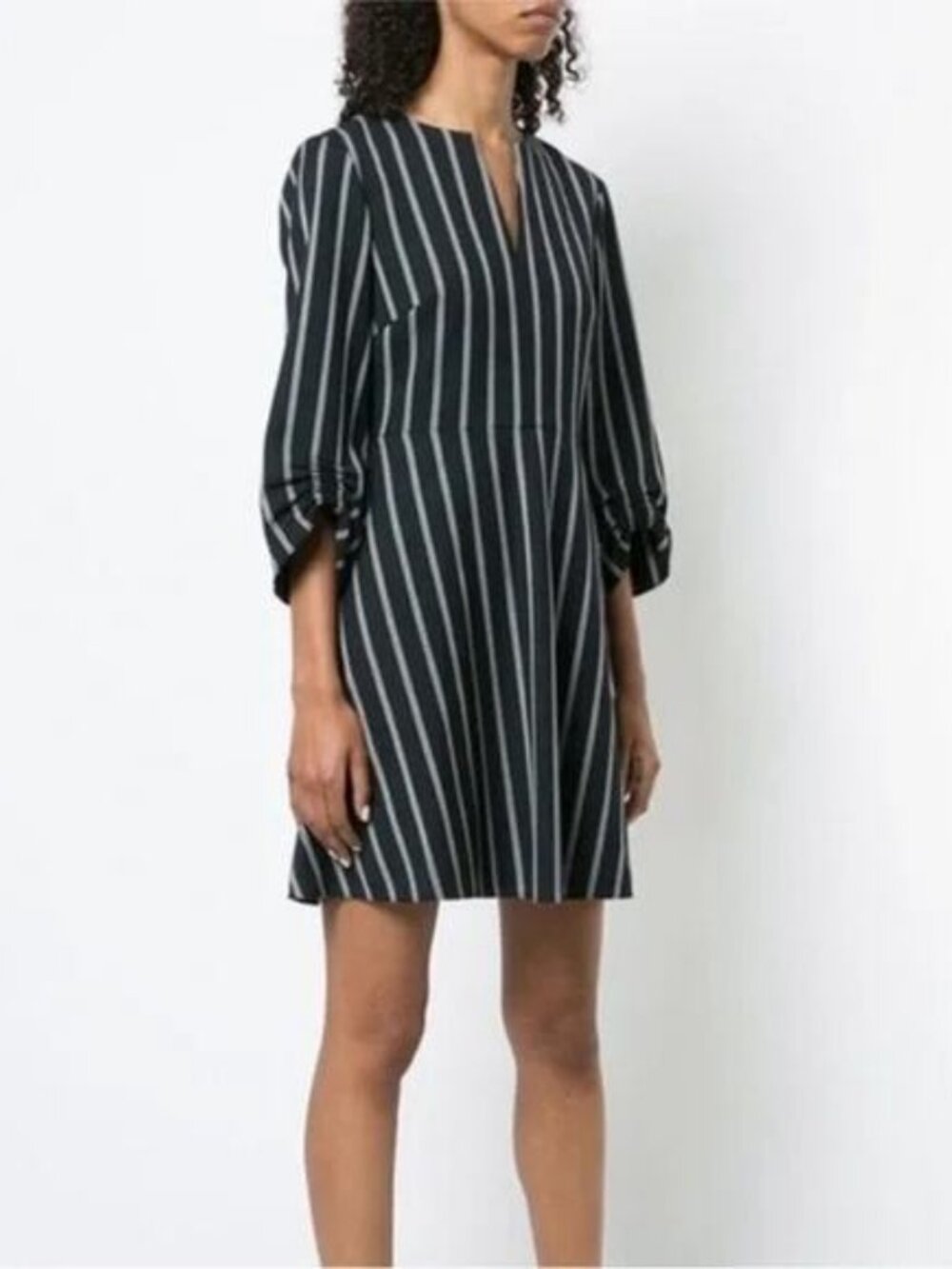 TIBI Felix Split Neck Gathered Blouson Sleeve Pinstripe Dress Size 2 Navy White - Picture 2 of 7